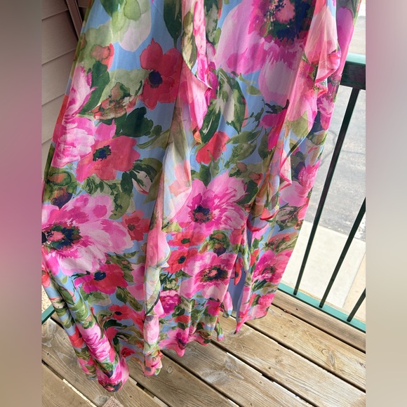 🆕 Xscape Floral Chiffon Halter Maxi Dress Size 12 Pink Blue Ruffle Formal Gown - Picture 7 of 17